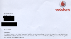 Header of vodafone letter, May 2009